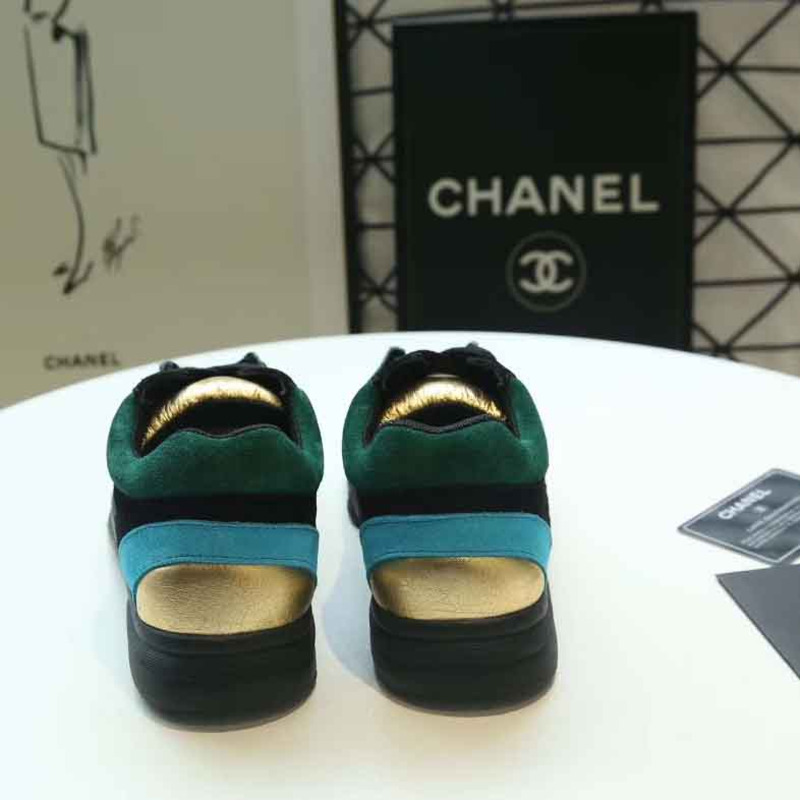 Ch*el fabric & suede calfskin sneakers in black, turquoise & gold