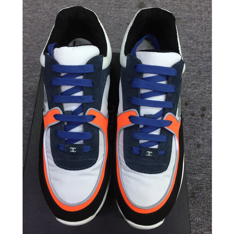 Ch*el chane1 suede calfskin sneakers in grey/orange/black