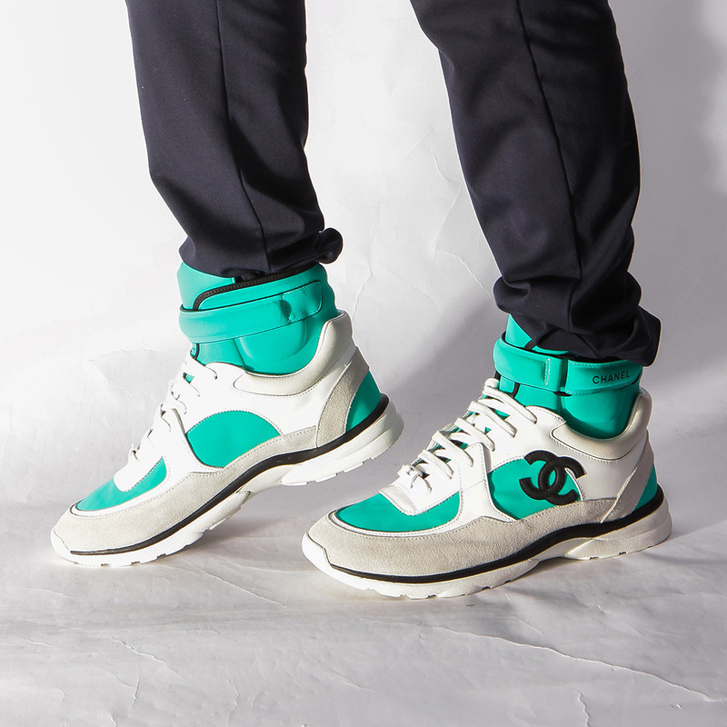 Ch*el calfskin & velvet high top sneaker in green