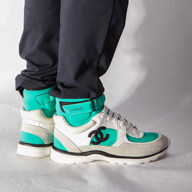 Ch*el calfskin & velvet high top sneaker in green