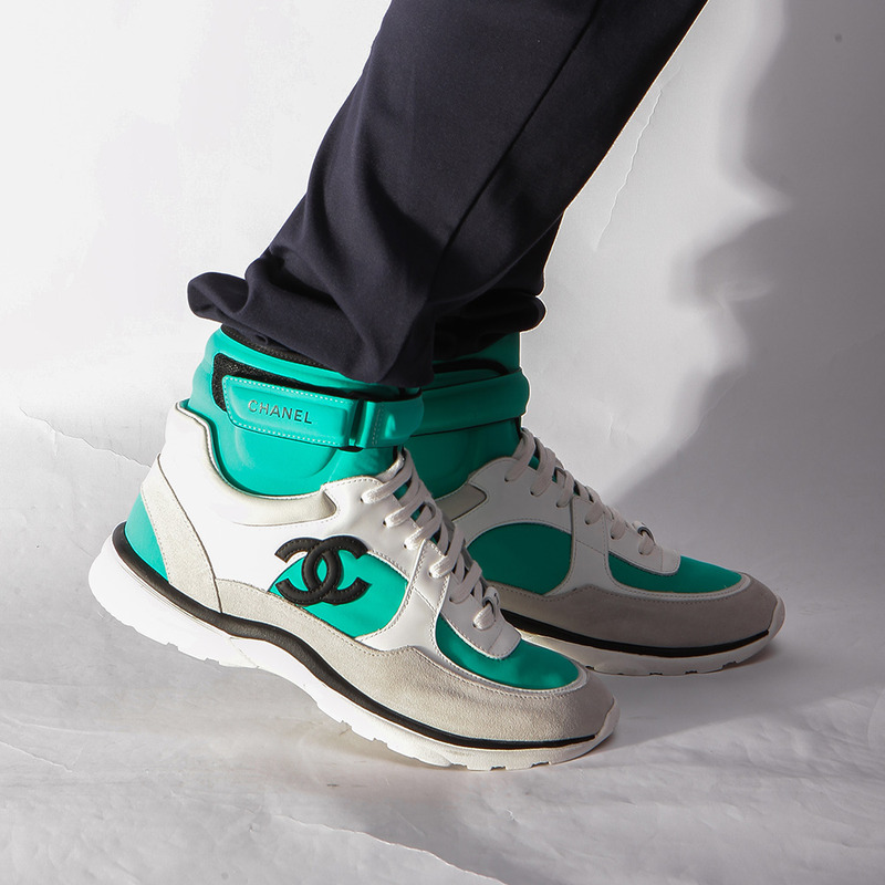 Ch*el calfskin & velvet high top sneaker in green