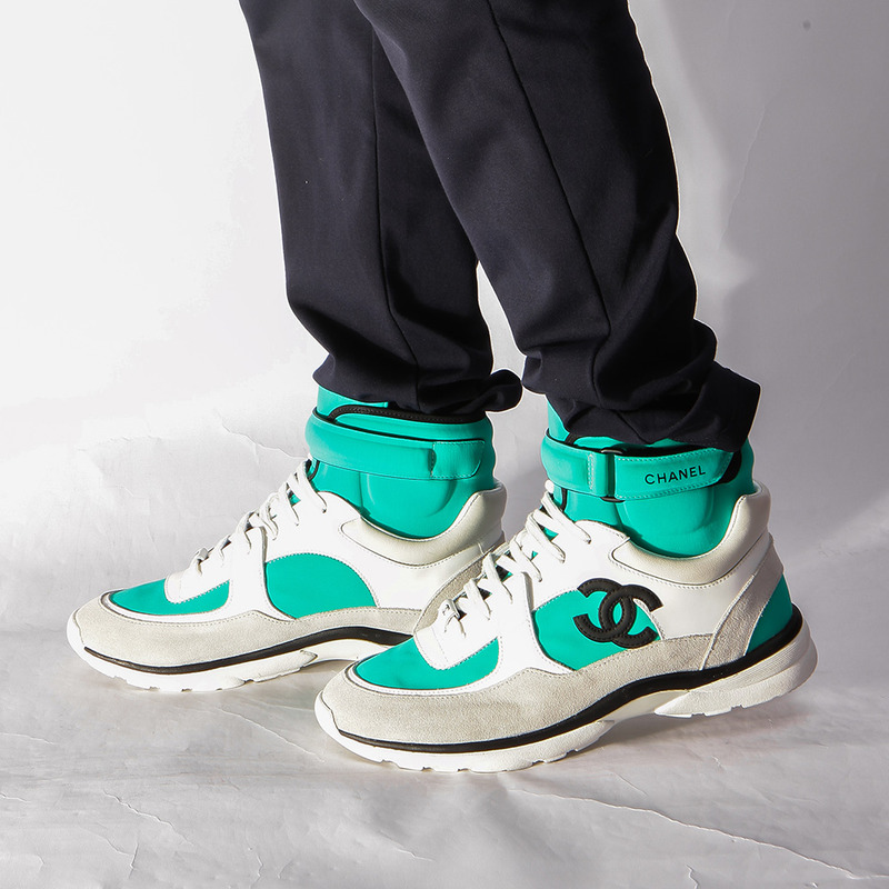 Ch*el calfskin & velvet high top sneaker in green