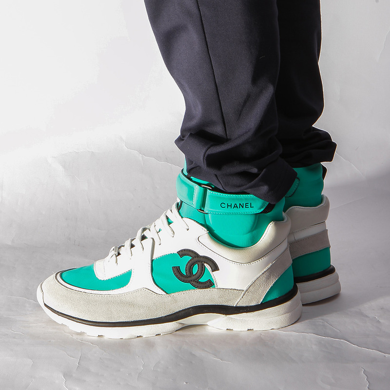 Ch*el calfskin & velvet high top sneaker in green