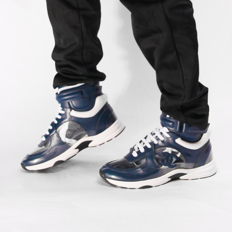 Ch*el calfskin & velvet high top sneaker in navy blue & transparent