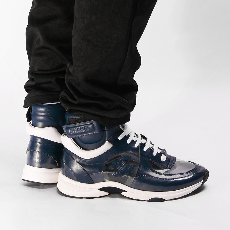 Ch*el calfskin & velvet high top sneaker in navy blue & transparent