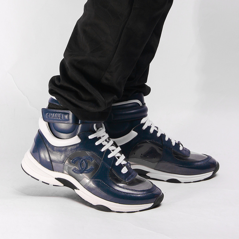 Ch*el calfskin & velvet high top sneaker in navy blue & transparent