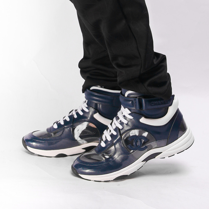 Ch*el calfskin & velvet high top sneaker in navy blue & transparent