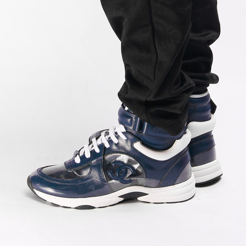 Ch*el calfskin & velvet high top sneaker in navy blue & transparent