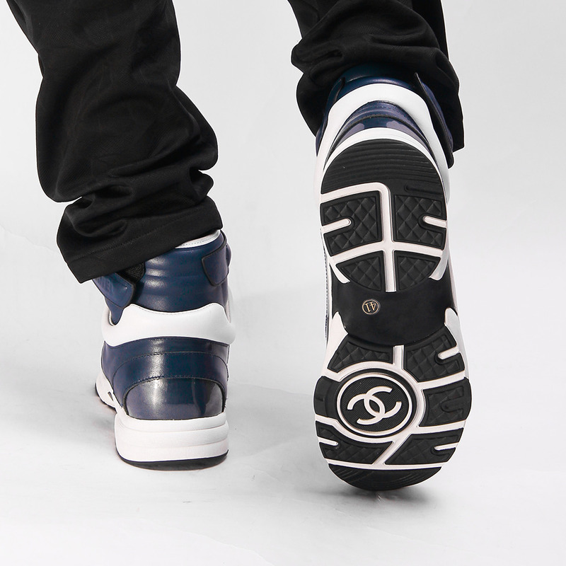 Ch*el calfskin & velvet high top sneaker in navy blue & transparent