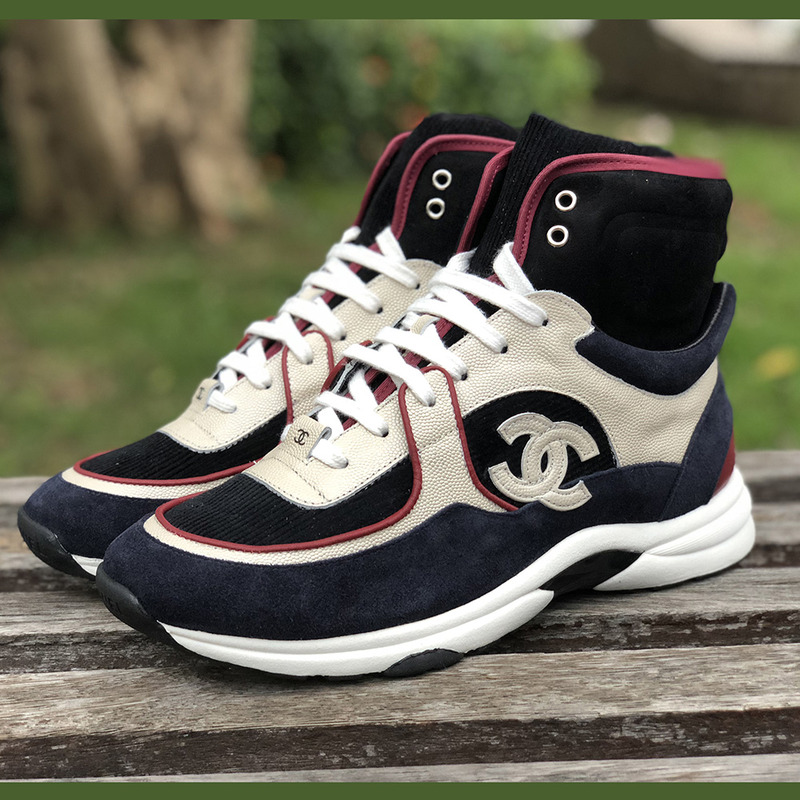 Ch*el calfskin & velvet high top sneaker in navy blue & red