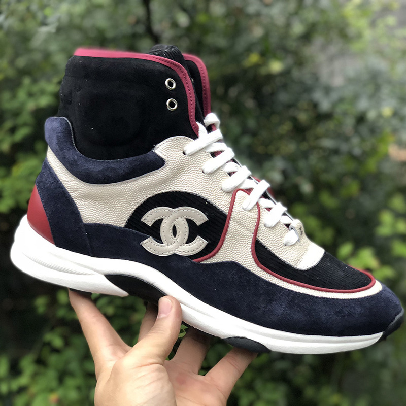 Ch*el calfskin & velvet high top sneaker in navy blue & red