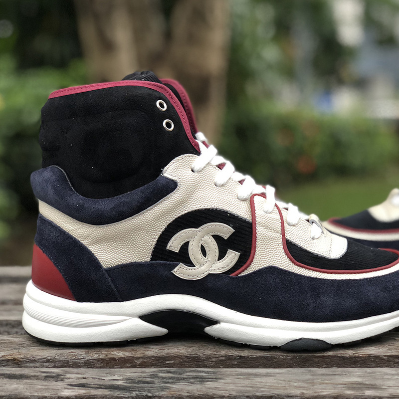 Ch*el calfskin & velvet high top sneaker in navy blue & red