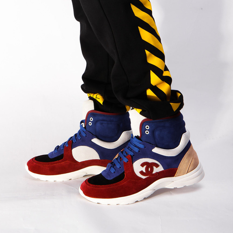 Ch*el calfskin & velvet high top sneaker in blue&red