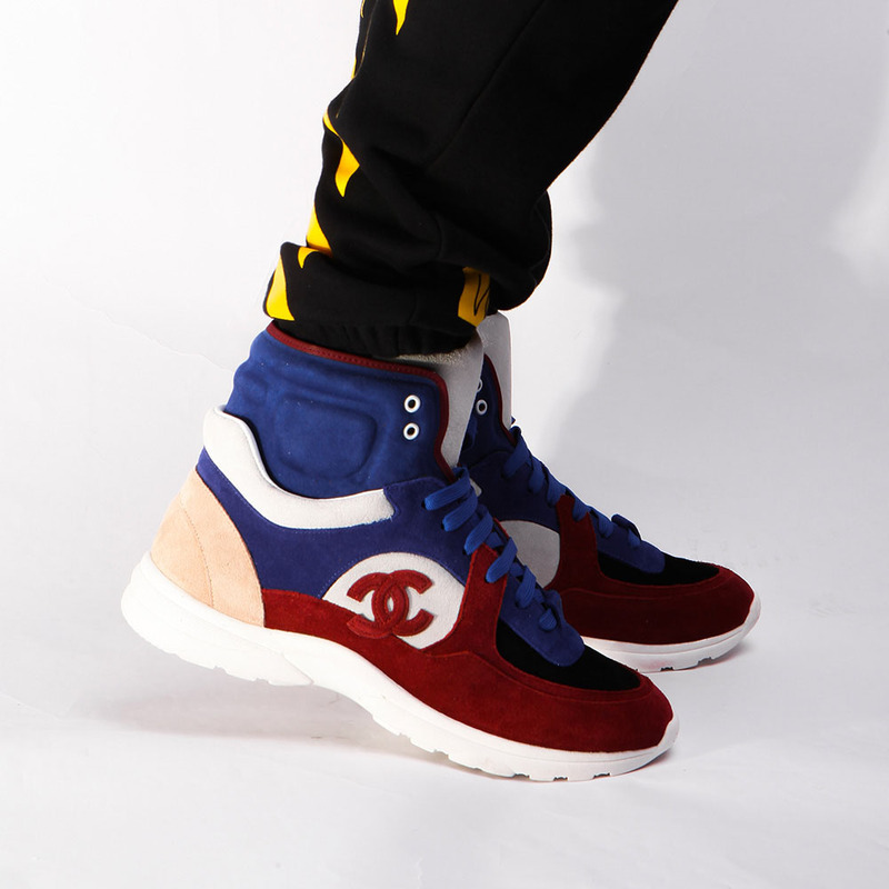 Ch*el calfskin & velvet high top sneaker in blue&red