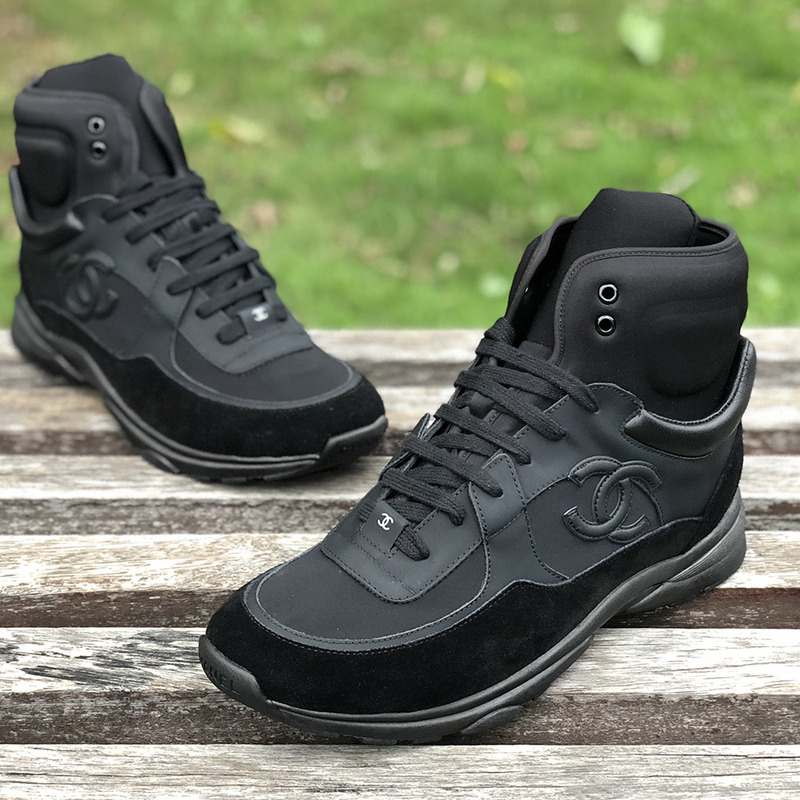 Ch*el calfskin & velvet high top sneaker in black