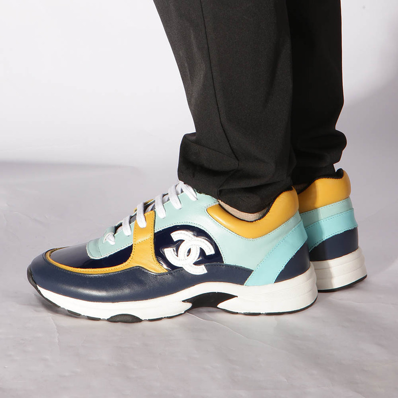 Ch*el sneakers in light blue & light yellow