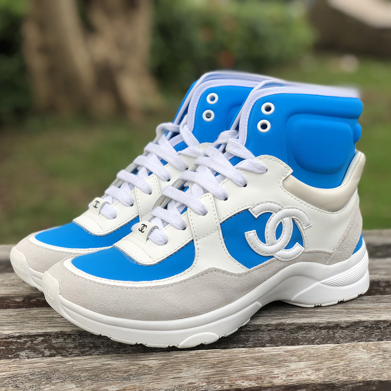 Ch*el high top sneakers in white and blue