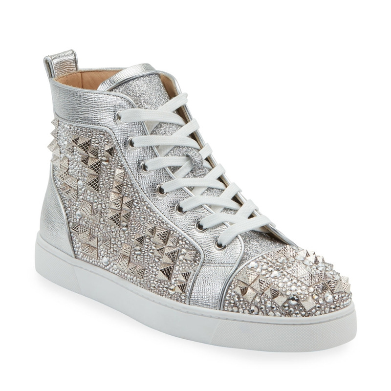 Ch**an louboutin men''s studded metallic leather high-top sneakers