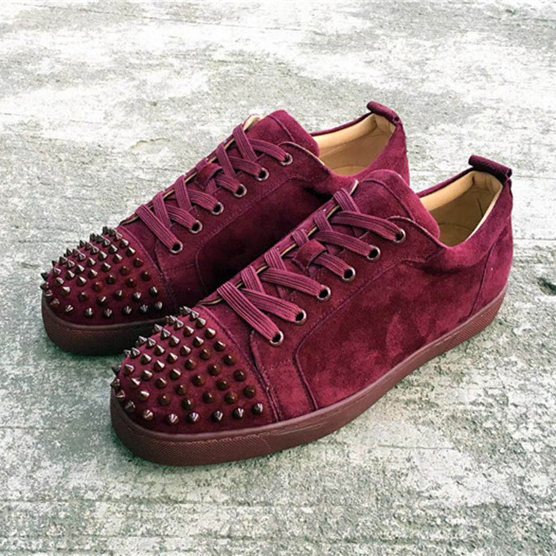 [made  to order] Ch**an louboutin super perfect l**is junior spikes flat suede in lie de vin-maroon