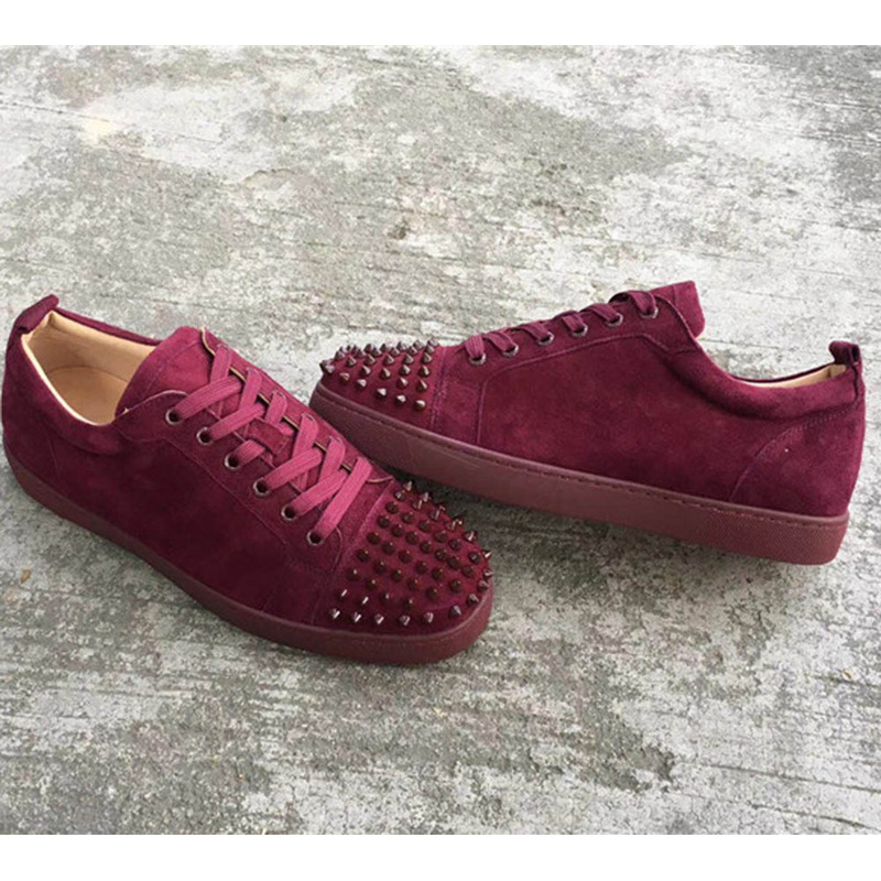 [made  to order] Ch**an louboutin super perfect l**is junior spikes flat suede in lie de vin-maroon