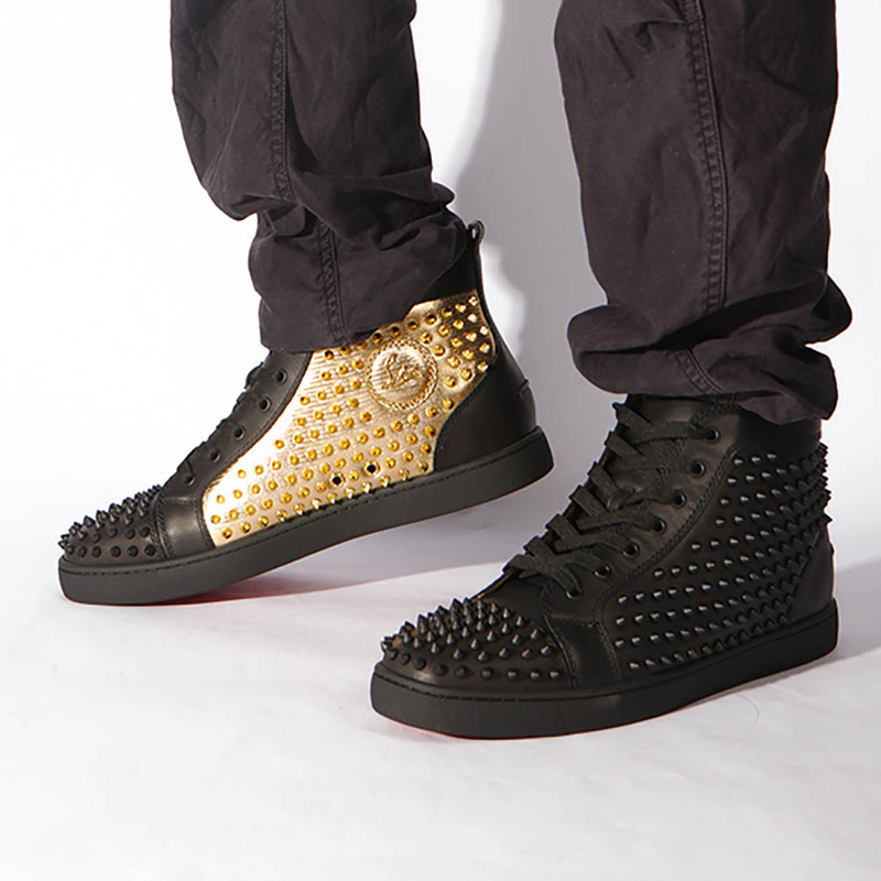 made-to-order!!! Ch**an louboutin limited version yang l**is flat gold leather laminato black sneakers