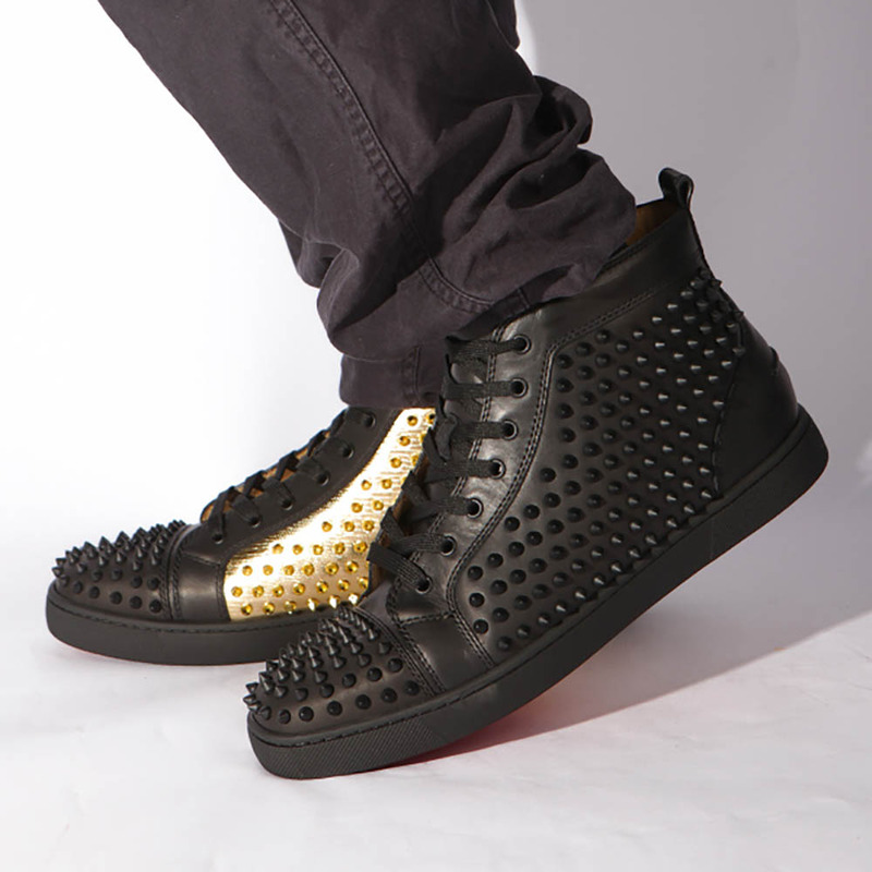 made-to-order!!! Ch**an louboutin limited version yang l**is flat gold leather laminato black sneakers