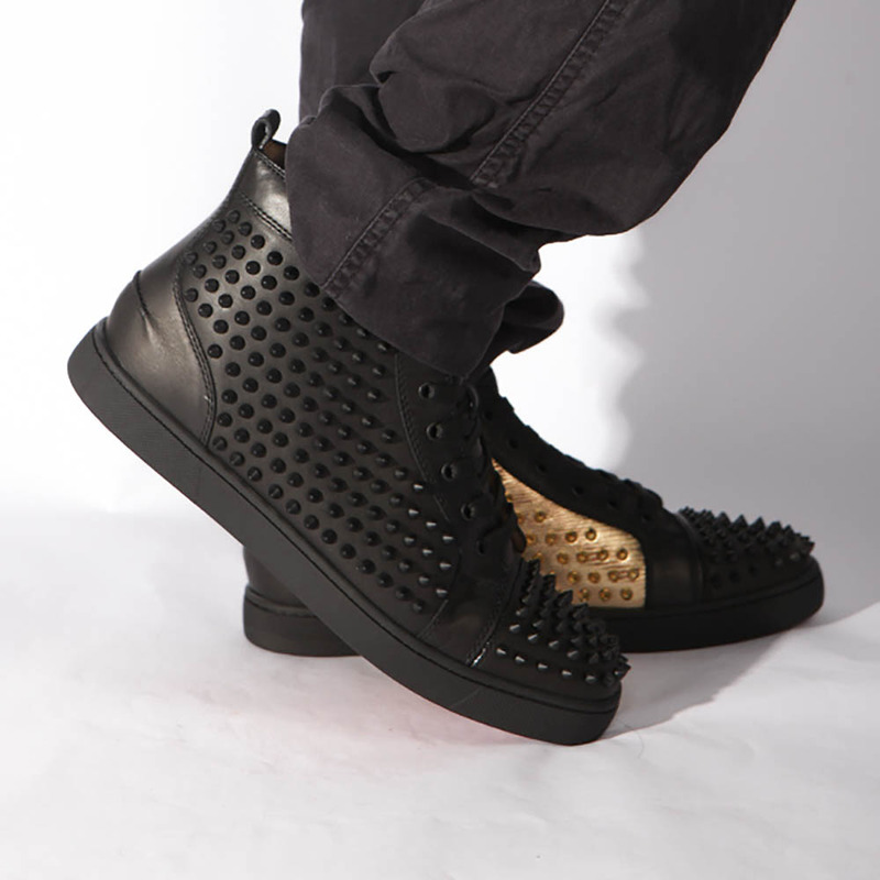 made-to-order!!! Ch**an louboutin limited version yang l**is flat gold leather laminato black sneakers