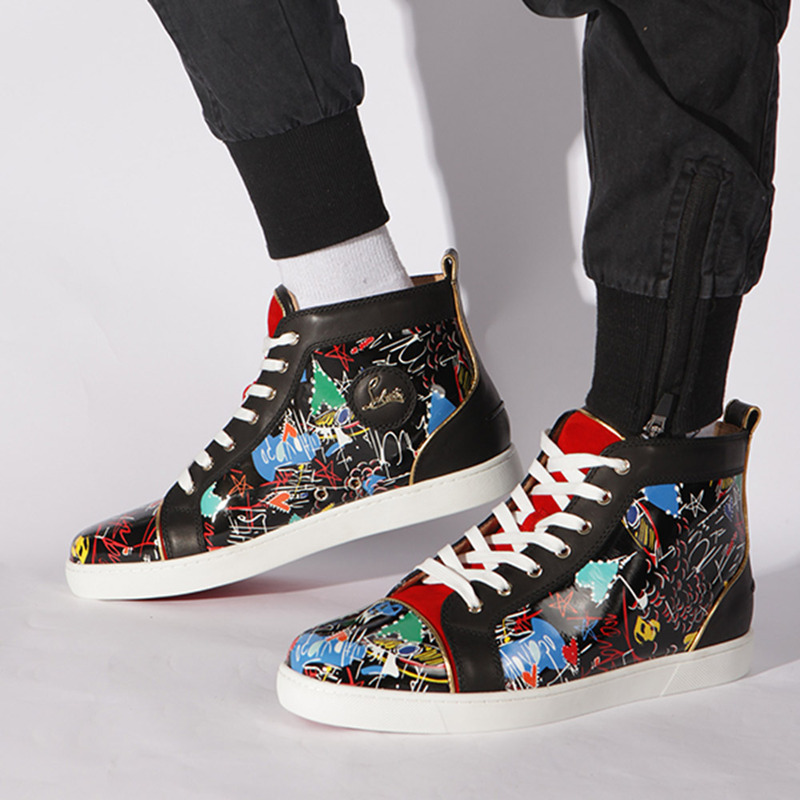 in stock!!! Ch**an louboutin limited version hand drawn loubitag black leather high top sneakers