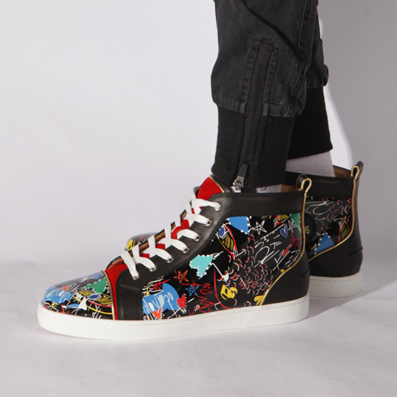 in stock!!! Ch**an louboutin limited version hand drawn loubitag black leather high top sneakers