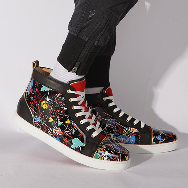 in stock!!! Ch**an louboutin limited version hand drawn loubitag black leather high top sneakers