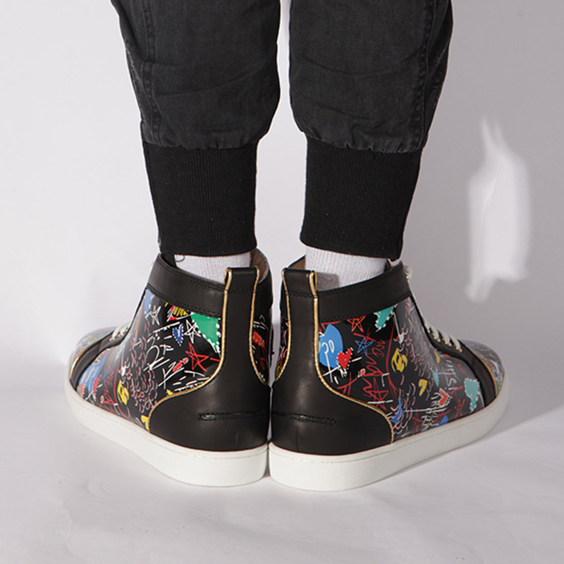 in stock!!! Ch**an louboutin limited version hand drawn loubitag black leather high top sneakers