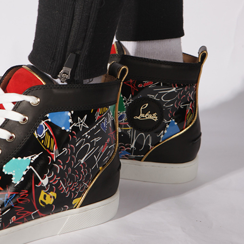 in stock!!! Ch**an louboutin limited version hand drawn loubitag black leather high top sneakers