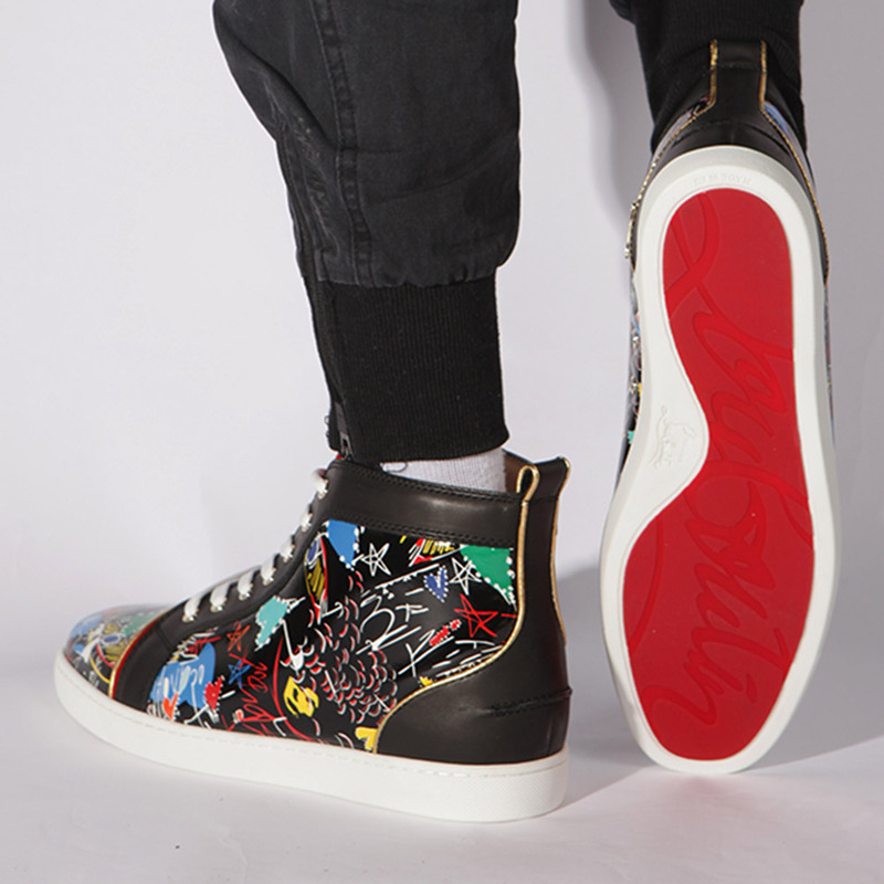 in stock!!! Ch**an louboutin limited version hand drawn loubitag black leather high top sneakers