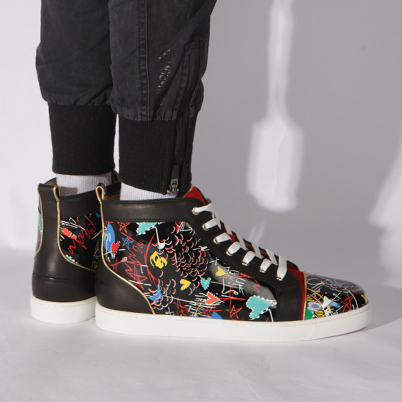 in stock!!! Ch**an louboutin limited version hand drawn loubitag black leather high top sneakers