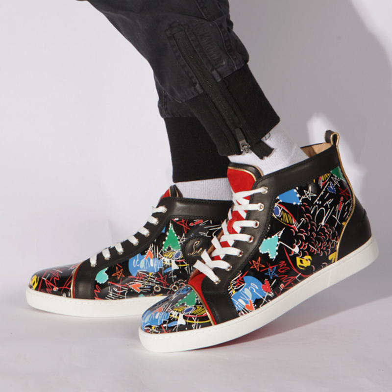 in stock!!! Ch**an louboutin limited version hand drawn loubitag black leather high top sneakers