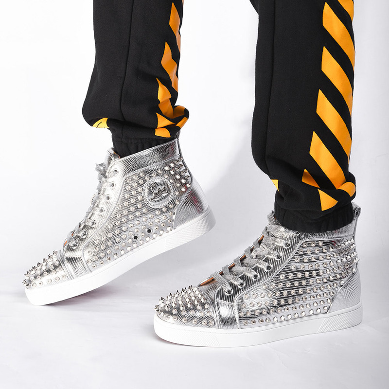 [updated]in stock!!! Ch**an louboutin limited version l**is spikes men''s flat silver leather sneakers