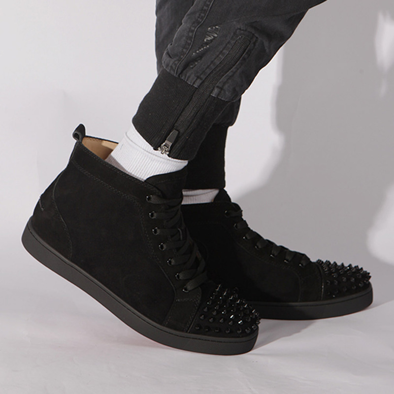 made-to-order!!! Ch**an louboutin limited version lou spikes flat black suede sneakers