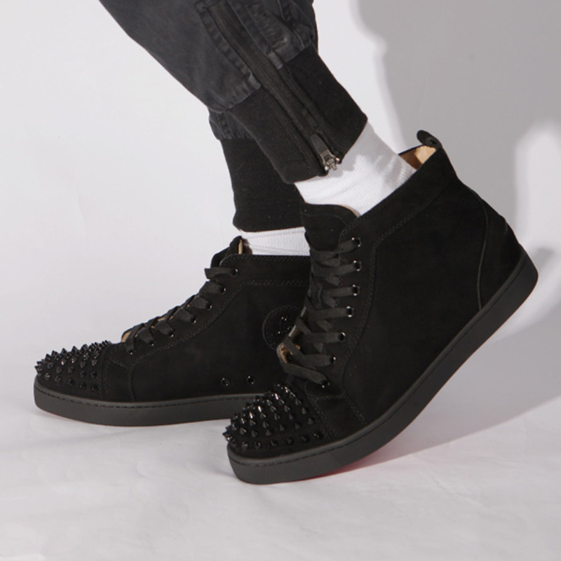 made-to-order!!! Ch**an louboutin limited version lou spikes flat black suede sneakers