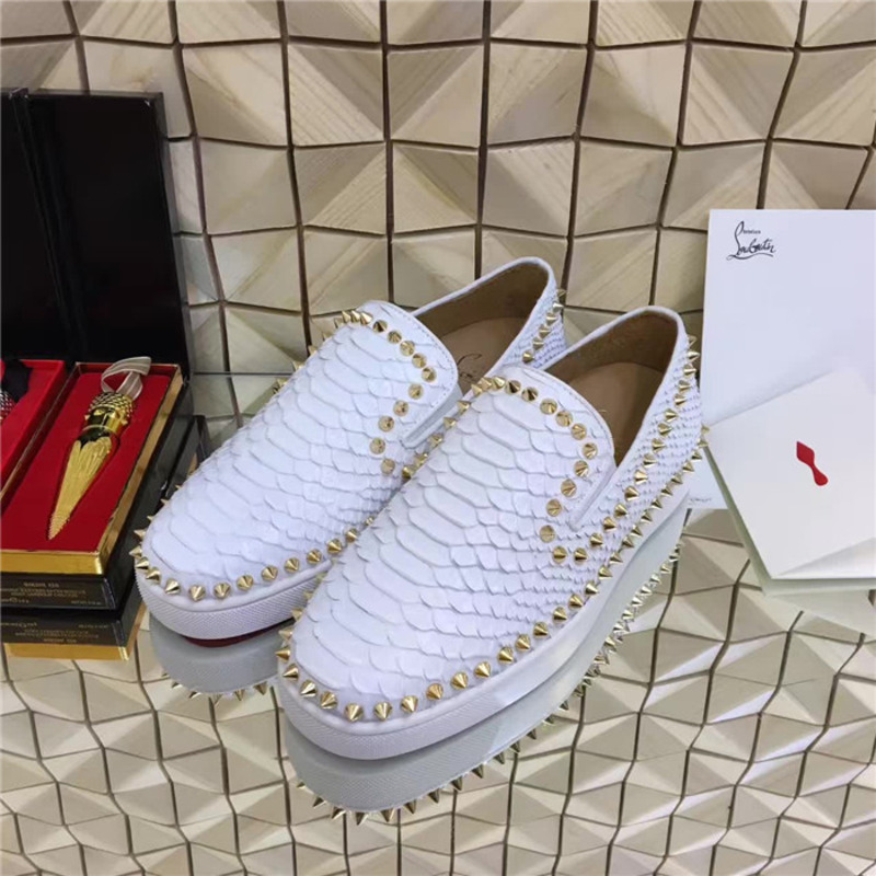 [made  to order] Ch**an louboutin super perfect spikes python leather mens pik boat flat white sneakers