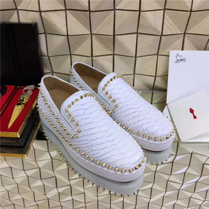 [made  to order] Ch**an louboutin super perfect spikes python leather mens pik boat flat white sneakers