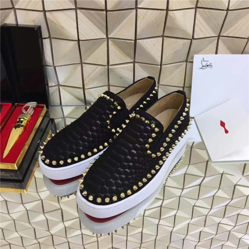 [made  to order] Ch**an louboutin super perfect spikes python leather mens pik boat flat black sneakers