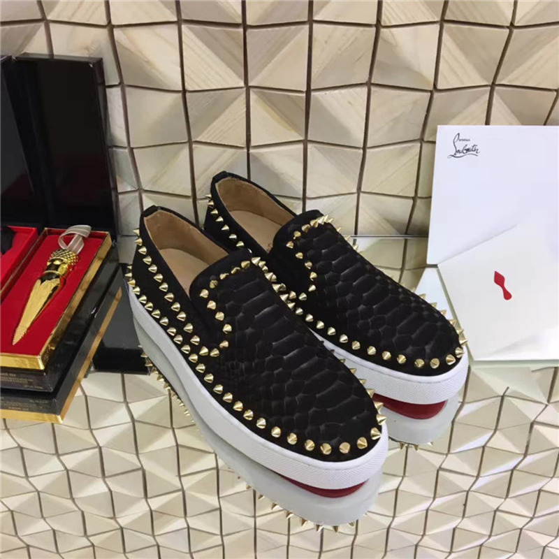 [made  to order] Ch**an louboutin super perfect spikes python leather mens pik boat flat black sneakers