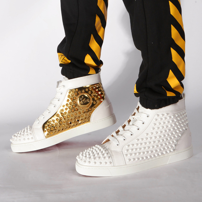 Ch**an louboutin updated limited flat high top spikes in latte and metallic gold