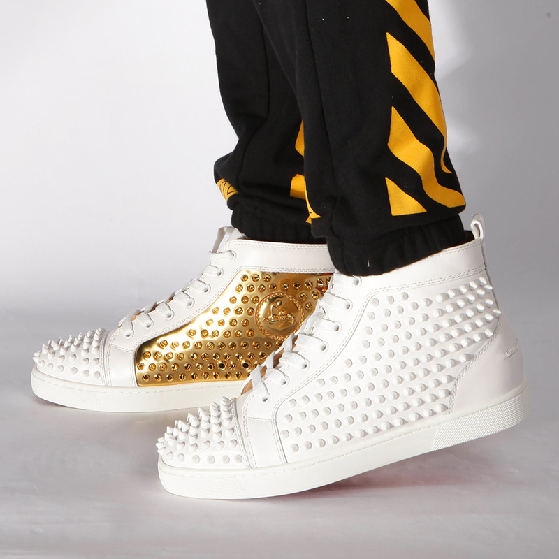 Ch**an louboutin updated limited flat high top spikes in latte and metallic gold