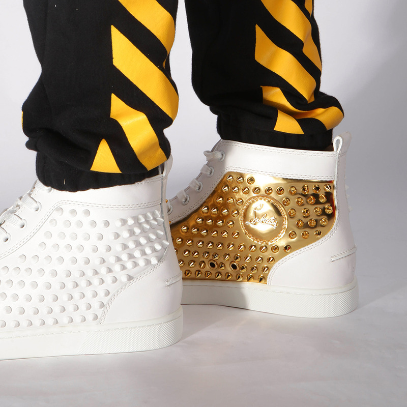 Ch**an louboutin updated limited flat high top spikes in latte and metallic gold