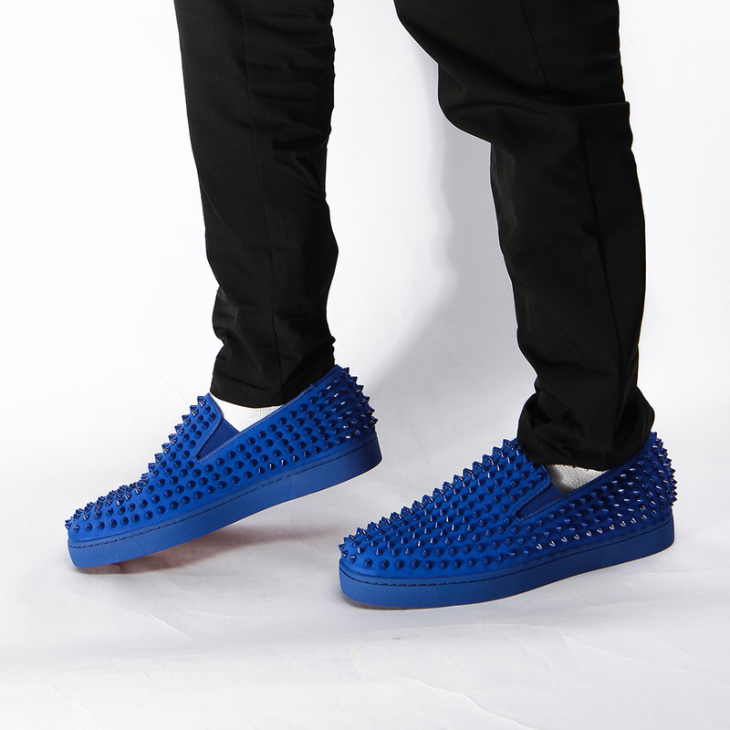 Ch**an louboutin limited version roller-boat spikes men''s flat in blue suede