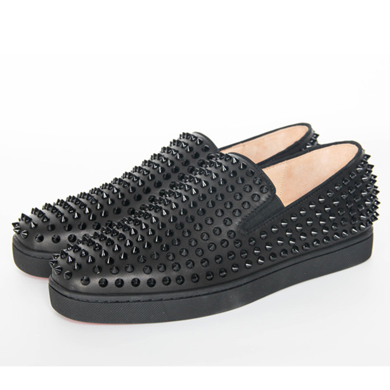 Ch**an louboutin limited version roller-boat spikes men''s flat in pure black leather