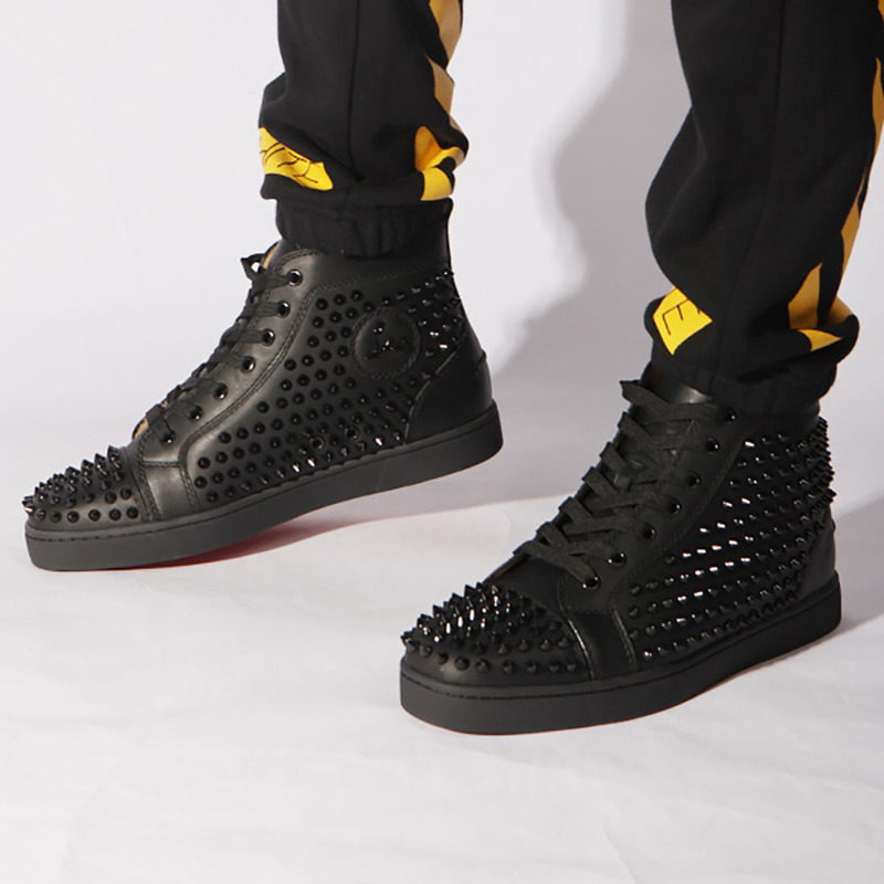 Ch**an louboutin limited version l**is spike men''s flat high top black sneaker glossy red sole