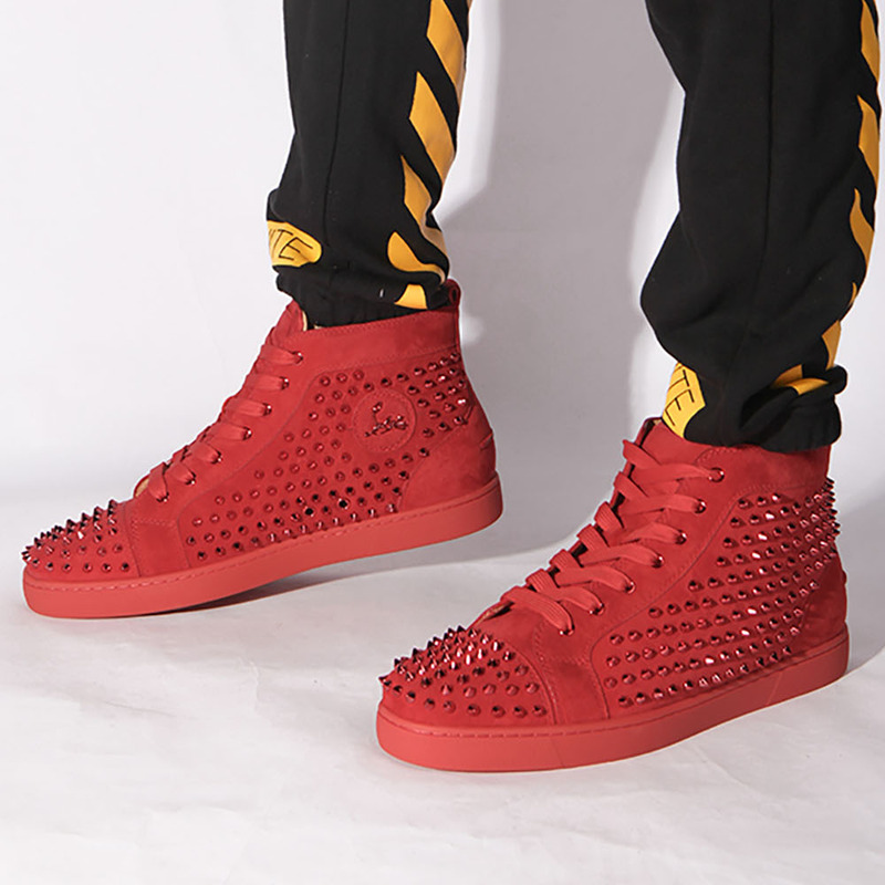 Ch**an louboutin limited red suede l**is spikes men''s flat sneaker