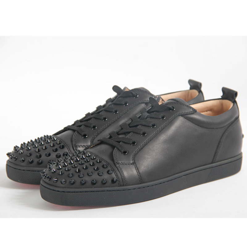 Ch**an louboutin limited version black leather l**is spikes men''s flat low-top sneakers